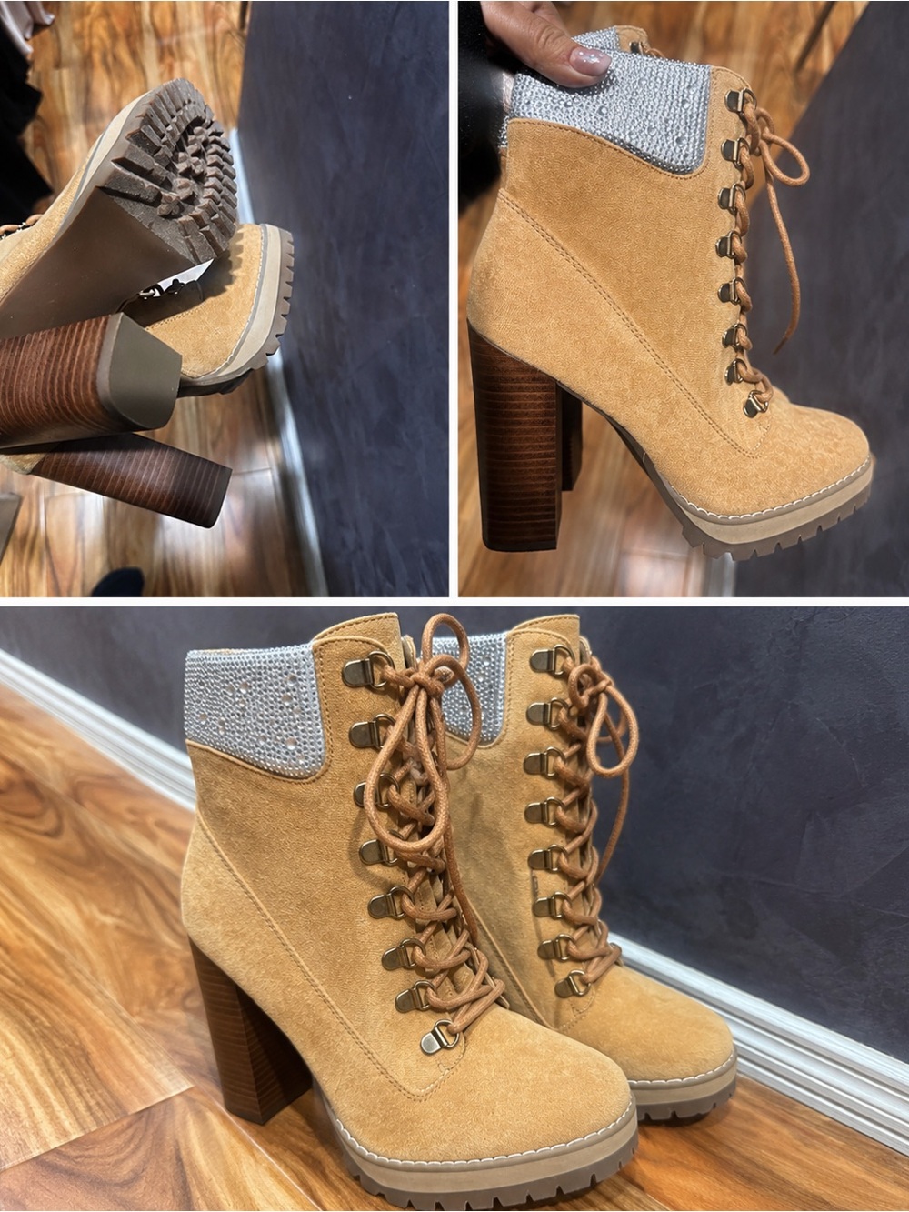 Suede Lace-Up High Heel Ankle Boots in Camel